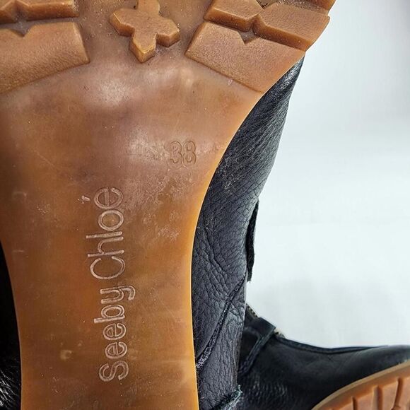 See by Chloe Knit Cuff Lace-Up Booties US 7.5 Black Leather Heel Booties Boot - Picture 10 of 13